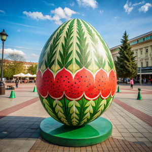 Easter egg, watermelon, egg on Freedom Square, Kherson, the inscription on the egg "KHERSON" Ukraine