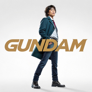 Promotional poster for Gundam. Character standing confidently. Clean white background. Modern font design, highlighting character's name