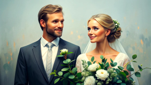 bride and groom wedding couple with a bouquet of eucalyptus and white flowers