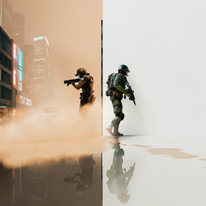Promotional image for Rainbow Six: Siege featuring a vibrant color scheme and dynamic lighting effects on urban environment.