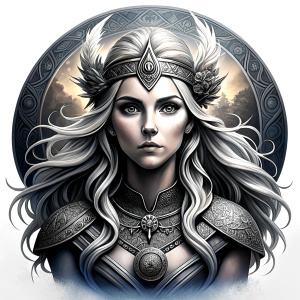 Frigg - Nordic Goddess perfect realistic art, high-definition grey and black, white background tattoo design