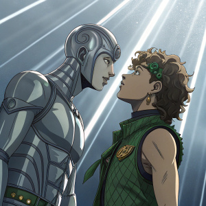 JoJo's Bizarre Adventure scene. Ermes Costello with curly hair, wearing green vest, stands alongside the metallic alien form of Kiss. Bright, dramatic lighting with glowing light rays in the background.