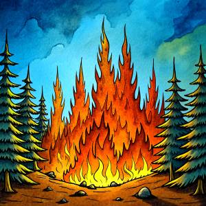 Cartoon style image of a forest fire