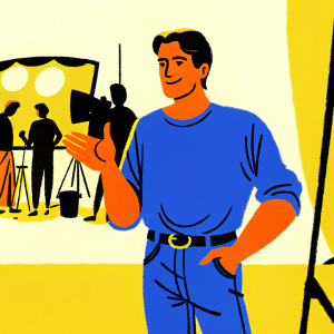 Jake Gyllenhaal in casual attire. Blue t-shirt and denim jeans. Posing on set of new movie shoot. Behind the scenes look.