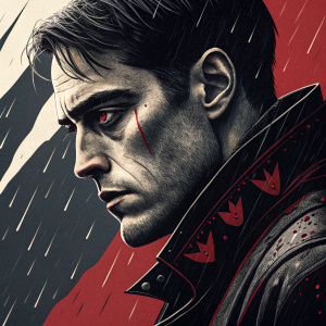 Movie poster for Watchmen featuring a close-up of a character's face. Dark, gritty color palette of black, red, and white.