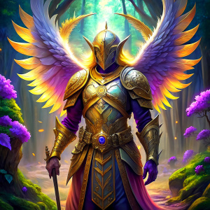 Knight with golden and white Armor and white Angel Wings and purple glowing Sword and Sheeld in his hand standing in foggy rainforest