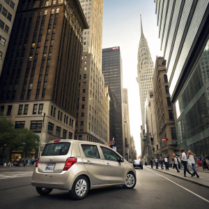 Suzuki Celerio parked on a busy city street, surrounded by towering skyscrapers.