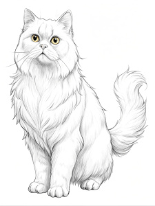  line art, realistic black and white Persian Cat standing sideways. Black and White Image, thick lines, well defined lines. Coloring page. No Color, No black Shading. Thick lines. size 8.5x11in. Black and White lines only. Use thick lines. Thick LINES