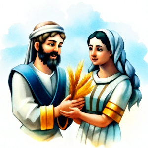 Medieval Jewish young women Ruth and Boaz accept everyone's blessings, cartoon