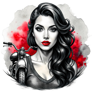 motorcycle bikerlady tattoo design - perfect realistic art - high-definition - grey and black - white background 