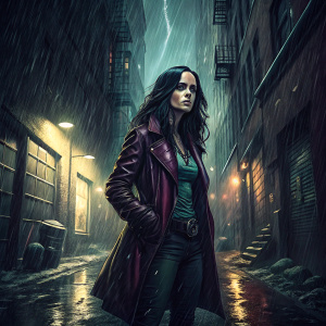 Final season poster for Jessica Jones. Dark alleyway with rain, Jessica standing with confident pose.
