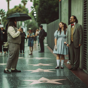 Penn Jillette, Teller, Zolten Jillette, and Moxie Crimefighter Jillette gathered near Hollywood Walk of Fame. The backdrop features famous star signs.