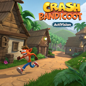 3D cartoon rendering of Crash Bandicoot. Running through a village with wooden houses and thatched roofs. Lush green environment with rich hues. Game title and Activision logo prominently displayed