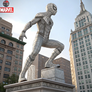 Digital artwork featuring a wireframe Spider-Man statue. Marvel logo prominently displayed in the corner.