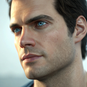 3D rendered portrait of Henry Cavill. Close-up on his face, detailing his blue eyes and chiseled jawline.