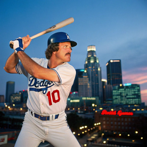 Ron Cey, in a classic Dodgers jersey with number 10, playing baseball. The backdrop is a bustling city skyline. A professional photograph.