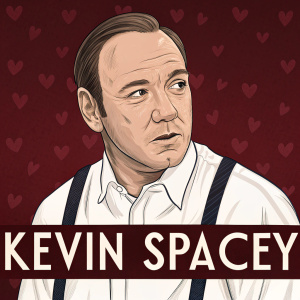 Digital caricature of Kevin Spacey, serious expression, white shirt, dark suspenders. Background: Dark red with tiny heart motifs. Stylized, flat color palette. Ominous mood. Confrontational style. Simple font.