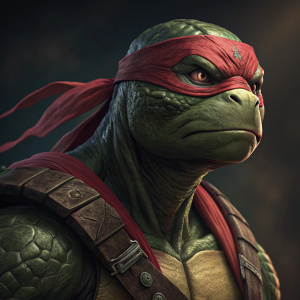 Close-up of Raphael, Teenage Mutant Ninja Turtle. Wearing iconic red bandana, reptilian skin. Dark background, detailed facial features.