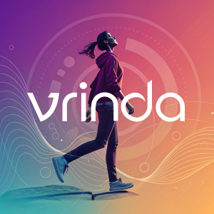 The word 'Vrinda' in a sleek, contemporary font against a vibrant gradient background, surrounded by digital art elements