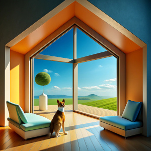 A Cat and a Dog are watching the view from the window in the large room of a 3D house.