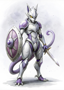 No background sketch image Pokemon Mega Mewtwo X long legs with armor helmet. Right hand hold a sword, left hand hold a shield