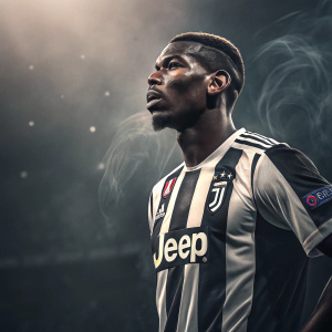 Digital art portrait of Paul Pogba. Dark moody style. Wearing Juventus jersey. Background has faint, swirling shadows.