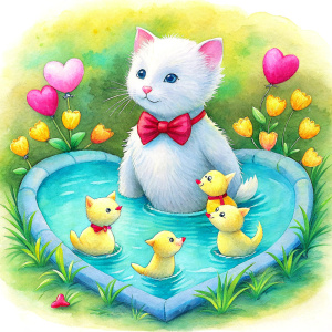 one white cat with pink bow tie on the pond with three yellow duck