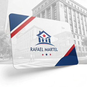 Designing a business card for Rafael Martel. Modern, sleek layout. Colors: white, blue, and red. White background. Includes logo, clear text with personal and professional details.