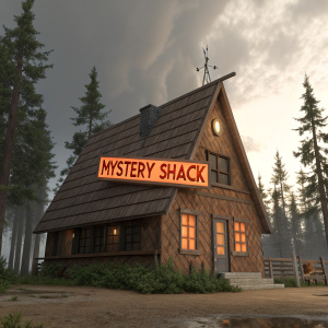 A 3D rendering of the Mystery Shack, featuring a rustic brown facade and an orange-toned signage.