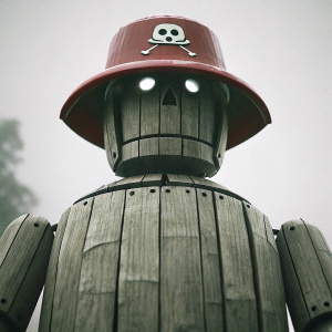 In a futuristic digital realm, a character from Portal 3D Estúdio stands out. It's constructed from wooden planks, adorned with a red hat featuring a skull emblem. The hat and body blend mechanical and organic design elements. The scene is set against a pitch-black backdrop.