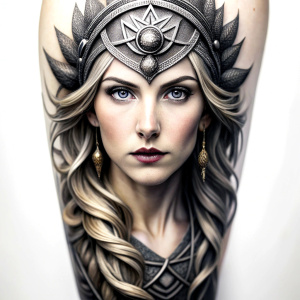 frigg– nordic godness - perfect realistic art - high definition - grey and black tattoo design - white background 