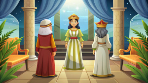 Two women of Israel standing before King Solomon, cartoon