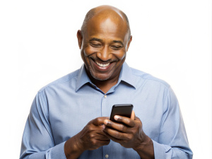 Happy African American middle-aged man using cell phone, cut out isolated white background
