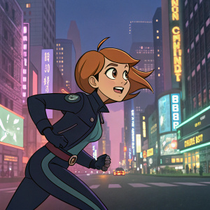 Clover from 'Totally Spies', displaying various expressions in a dynamic action pose. She's seen against a vibrant cityscape backdrop.