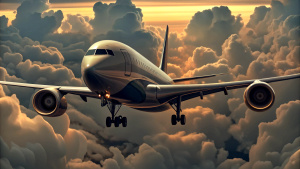 airplane flying in the clouds, top view, illustration, modern airplane