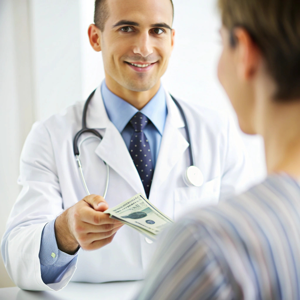 patient giving bribe to doctor in clinic closeup s on white background ...