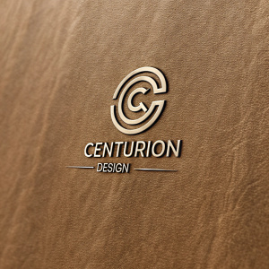 Close-up of the Centurion Design logo. Modern font, metallic G symbol, Design Centurion text. Textured brown surface. Contemporary blend of metallic and textured elements.