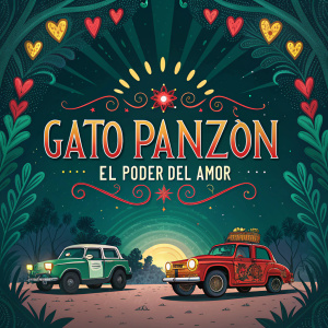 Promotional poster for 'Gato Panzón El poder del amor'. Vibrant colors and vehicles with fantasy elements. Emerald, cerulean, crimson, and gold hues blend together.