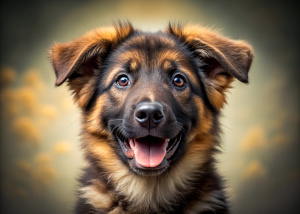 A shepherd puppy stands tall on a white background, happy