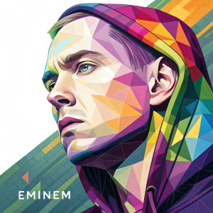 Digital painting of Eminem. Abstract face made from multicolored geometric shapes. The vibrant palette includes purple, blue, green, yellow, and orange. 'EMINEM' text in white font at bottom left.