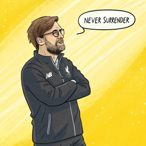 Digital illustration featuring Jurgen Klopp, Liverpool FC manager. Cartoon style. Determined expression, wearing glasses and a beard. Speech bubble with motivational quote 'Never Surrender'. Bright yellow background.
