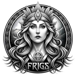 frigg nordic godness - perfect realistic art - high definition - grey and black tattoo design - white background 