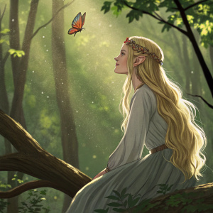 Shira, an elf with long blonde hair, sitting gracefully on a branch amidst a dense forest. A vibrant butterfly flutters around her.