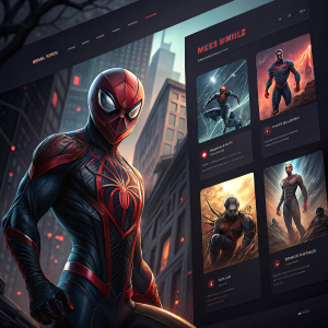 Website featuring concept art of Miles Morales. Dark theme, grid layout, high precision digital art.