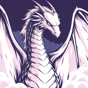 Digital illustration of a large, azure dragon. Muscular, slender body with outstretched wings. Dark purple background, minimal shading. Anime style. Intense, forward-facing gaze