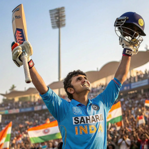 Cricket star Sourav Ganguly, celebrating victory in a blue jersey with Sahara India logo, at a packed stadium. Spectators cheering, sunny day