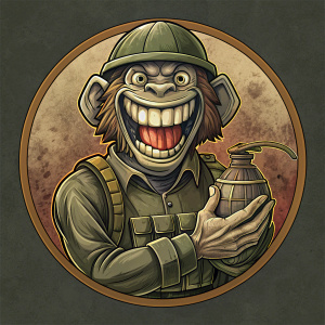 LAUGHING SOLDIER MONKEY WITH GRENADE IN CIRCLE IMAGE