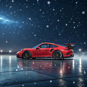 A shiny red Porsche 911 GT3 RS parked on a glossy floor. White snowflakes falling around the car. Dark sky with twinkling stars