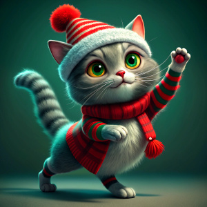 striped gray cat, green eyes, wearing a red scarf and a red hat with a white pompom, dancing