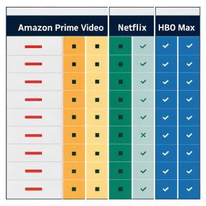 Comparison chart showcasing various streaming services including Amazon Prime Video, Netflix, and HBO Max, highlighting their respective pricing plans.